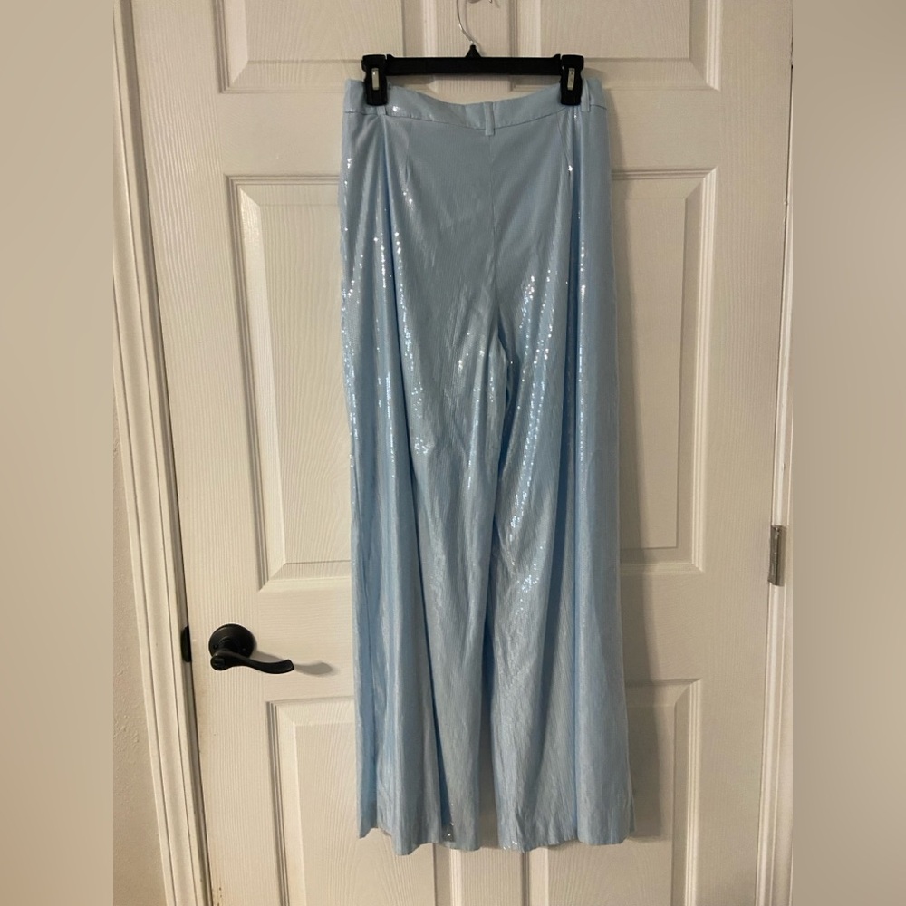 T36- MAEVE Baby Blue Sequined Pleated Wide Leg AVERY Trouser - Picture 8 of 9